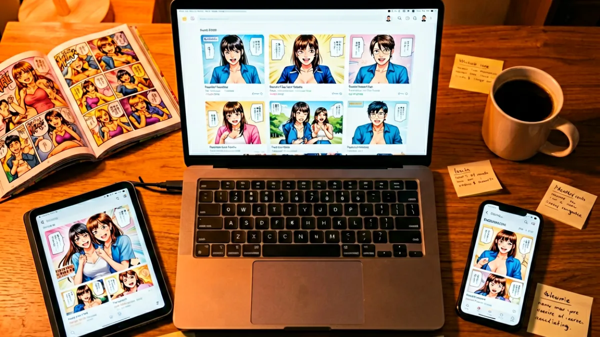 一本摊开的成人漫画与多台电子设备并列摆放，屏幕中显示着各类漫画网站的缩略图界面，暖色调灯光笼罩桌面