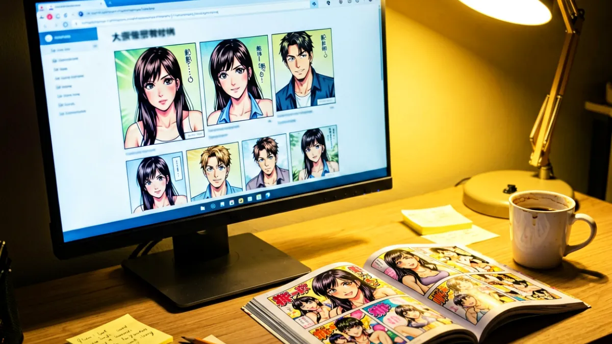 电脑显示器旁摆放着翻开的彩色漫画册，桌面上散落着便签纸和咖啡杯，呈现出深夜追番的氛围