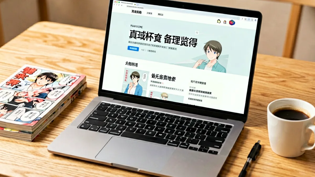 一台笔记本电脑屏幕显示网站主页界面，周围摆放着几本合上的漫画册与一杯咖啡，画面色调温暖偏暗